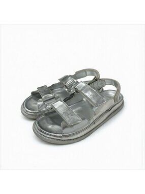Chanel Sandals Shoes Leather Silver Coco Mark Velcro